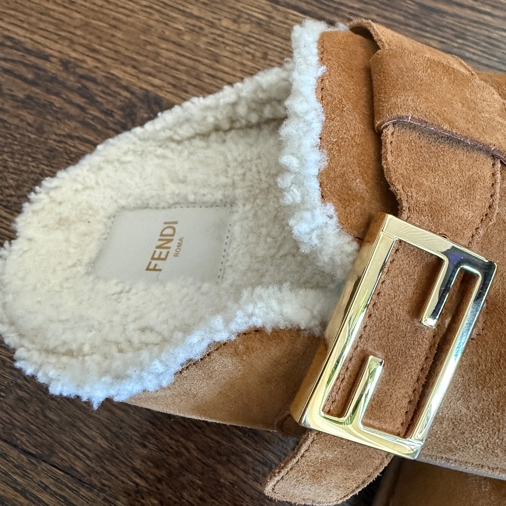 Fendi Brown Suede Shearling Lined Mules - Picture 14 of 15